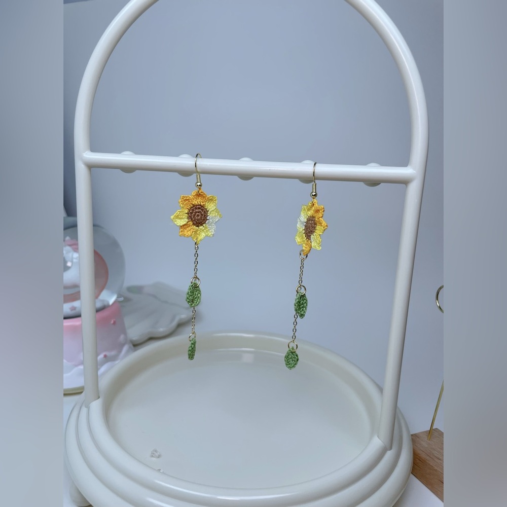 handmade micro crocheted sunflower dangle earrings